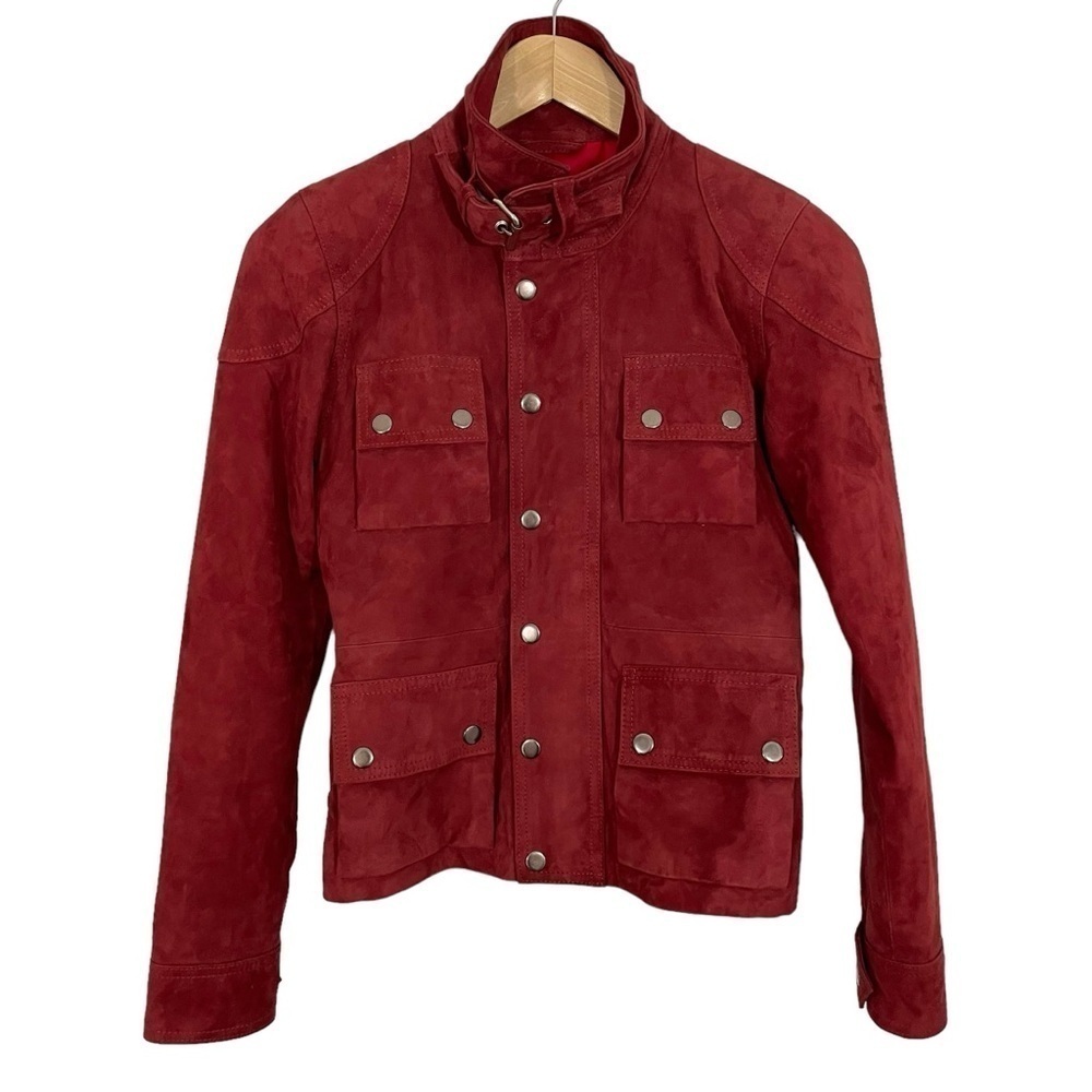Leather Cult Suede Jacket Womens 32 XS Burnt Red Belted High Neck Utility EUC